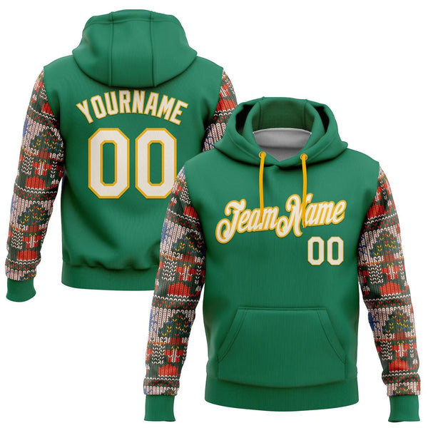 Kelly Green Knit Sleeve Hoodie, Custom Christmas Sports Hoodie, Personalized Name and Number Sweatshirt, Holiday Team Spirit 