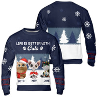Life is Better with Cats Christmas Sweater, Personalized Cat Ugly Christmas Sweater, Custom Pet Holiday Sweater