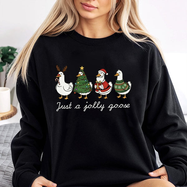 Humorous Christmas Goose Holiday Graphic Sweater, Just A Jolly Goose Sweatshirt, Adorable Winter Animal Pullover, Festive Far