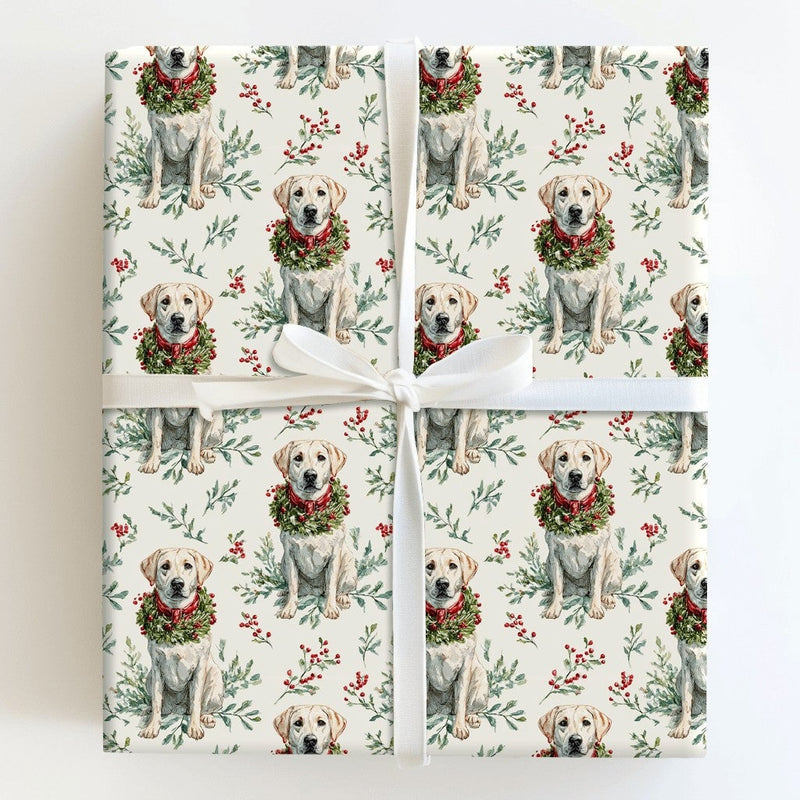 Adorable Dog Holiday Gift Wrap, Yellow Labrador Christmas Wrapping Paper, Labrador Wreath Wrapping Paper, Dog Lover Xmas Gift Wrap Paper Roll