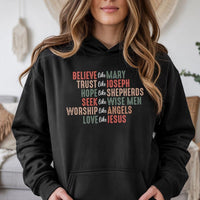 Retro Faith Based Hoodie, Believe Like Mary Christmas Hoodie, Christian Typography Pullover Hoodie, Religious Holiday Hooded Sweatshirt
