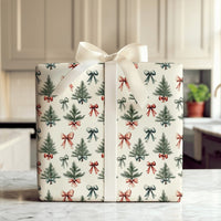 Festive Tree and Bow Gift Wrap Roll, Watercolor Christmas Wrapping Paper, Colorful Holiday Wrapping Paper, Retro Xmas Gift Wrap Paper