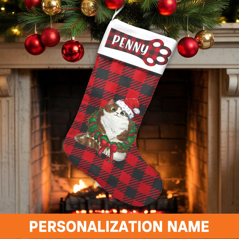 Custom Pet Holiday Stocking, Personalized Red Plaid Cat Christmas Stocking, Buffalo Check Christmas Stocking, Velboa Cat Xmas Stocking Present