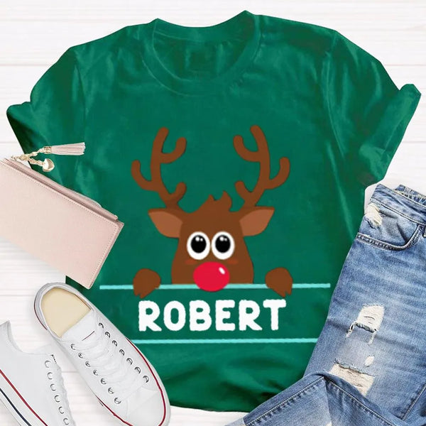 Custom Name Reindeer Holiday Graphic Tee, Personalized Christmas Elk Bow Shirt, Adorable Christmas Elk T-Shirt, Festive Winte