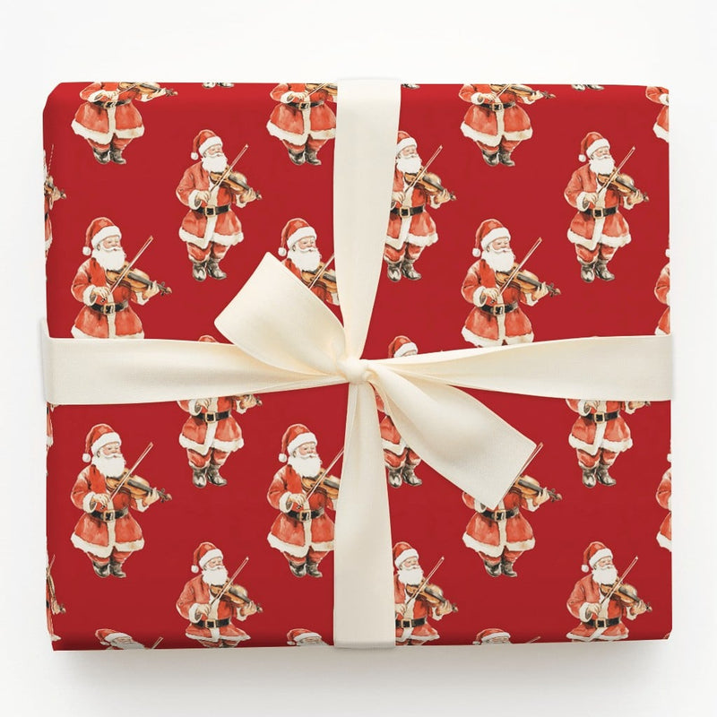 Musical Watercolor Wrapping Paper Roll, Santa Violin Red Wrapping Paper, Festive Holiday Gift Wrap, Christmas Musician Wrapping Paper Roll