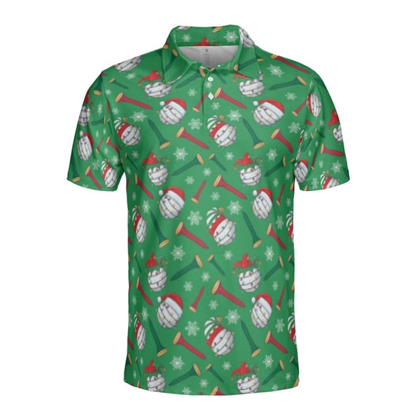 Humorous Christmas Golf Polo, Santa Hat Golf Ball Polo Shirt, Holiday Party Patterned Shirt, Festive Golfer Short Sleeve Polo