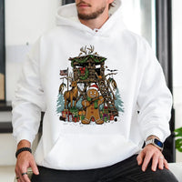 Christmas Deer Hunter Hoodie, Humorous Gingerbread Man Hunting Hoodie, Holiday Hunting Scene Hoodie, Adorable Xmas Outdoor Sweatshirt Present