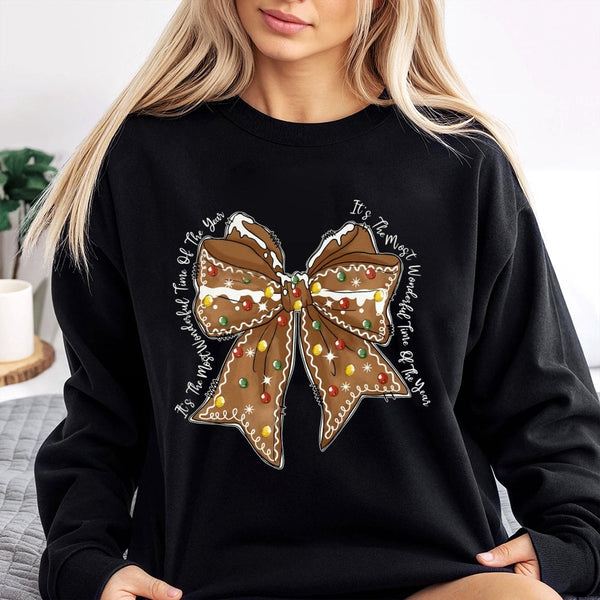 Coquette Holiday Cookie Sweater, Gingerbread Bow Christmas Sweatshirt, Adorable Xmas Graphic Crewneck, Winter Pullover, Festi