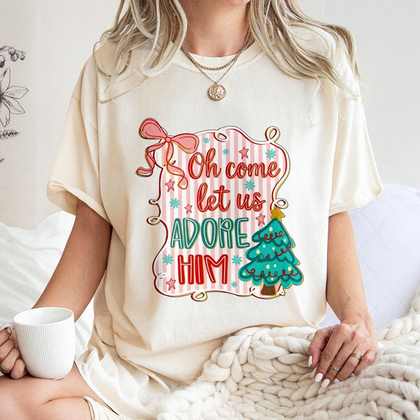 Coquette Christmas Graphic Tee, Oh Come Let Us Adore Him T-Shirt, Christian Holiday Shirt, Religious Xmas Hymn T-Shirt, Faith