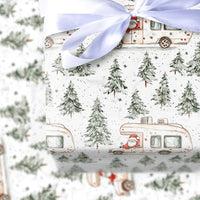RV Road Trip Christmas Gift Wrap, Santa Camper Wrapping Paper, Watercolor Pine Forest Wrapping Paper