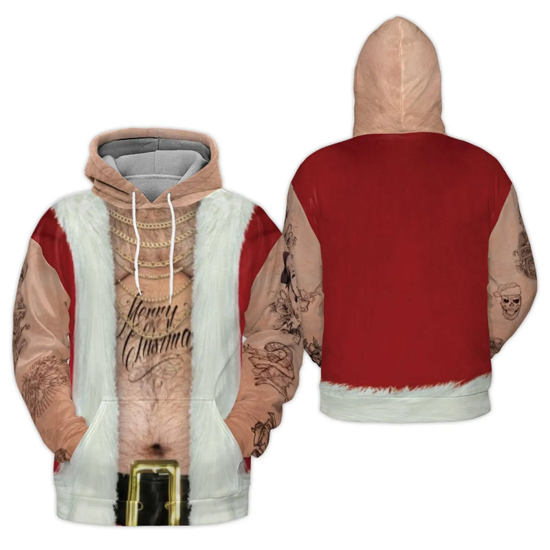 Hairy Chest Gold Chain Hoodie, Tattooed Santa 3D Hoodie, Humorous Ugly Christmas Sweater Hoodie, Bad Santa Graphic Pullover, Xmas Gag Present