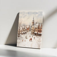 Snowy European Town Watercolor Canvas, Winter Village Canvas Wall Art, Comfy Christmas Town Wall Decor, Holiday Landscape Art Print