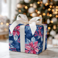 Watercolor Floral Holiday Gift Wrap, Pink Poinsettia Christmas Wrapping Paper, Winter Botanical Wrapping Paper, Elegant Navy Blue Present Paper