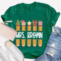 Custom Name Holiday Graphic Tee, Personalized Christmas Pencil Shirt, Adorable Teacher Christmas T-Shirt, Back to School Xmas Season Present