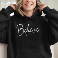 Minimalist Cursive Holiday Script Sweatshirt, Believe Christmas Hoodie, Winter Festive Polar Express Pullover, Comfy Xmas Hooded Apparel