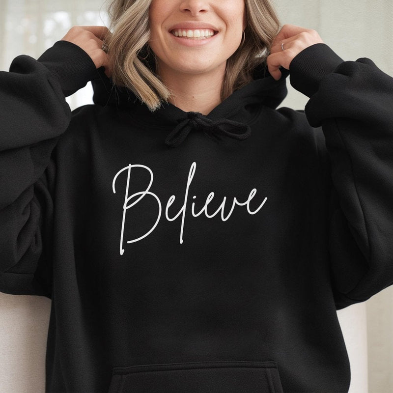 Minimalist Cursive Holiday Script Sweatshirt, Believe Christmas Hoodie, Winter Festive Polar Express Pullover, Comfy Xmas Hooded Apparel