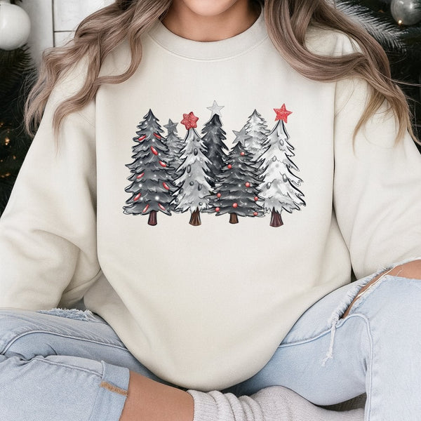 Grey White Forest Winter Holiday Sweater, Christmas Tree Sweatshirt, Aesthetic Festive Pine Tree Crewneck Sweatshirt, Minimal