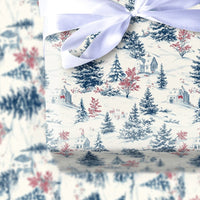 Snowy Village Christmas Gift Wrap, Winter Toile Wrapping Paper, French Country Toile Wrapping Paper, Elegant Blue Cream Holiday Gift Wrap