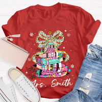 Bow Colored Pencils Snowflake Shirt, Personalized Christmas T-Shirt, Custom Holiday School Graphic Tee, Teacher Present Top