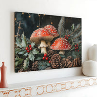 Red Amanita Holly Pine Cone Canvas Print, Christmas Mushroom Canvas Wall Art, Botanical Holiday Wall Decor, Cottagecore Winter Canvas Present