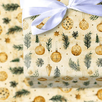 Pine Branch Christmas Gift Wrap, Vintage Gold Ornament Wrapping Paper, Rustic Holiday Present Wrap, Botanical Xmas Gift Wrapping Paper