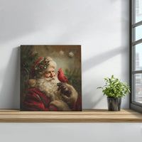 Classic Christmas Holiday Wall Art, Vintage Santa with Red Cardinal Canvas, Santa Claus Painting Canvas Print, Winter Canvas Decor Present