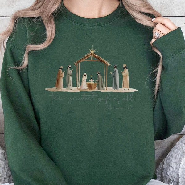 The Greatest Present of All Christian Crewneck, Nativity Scene Christmas Sweatshirt, Holy Night Nativity Sweater, Religious H