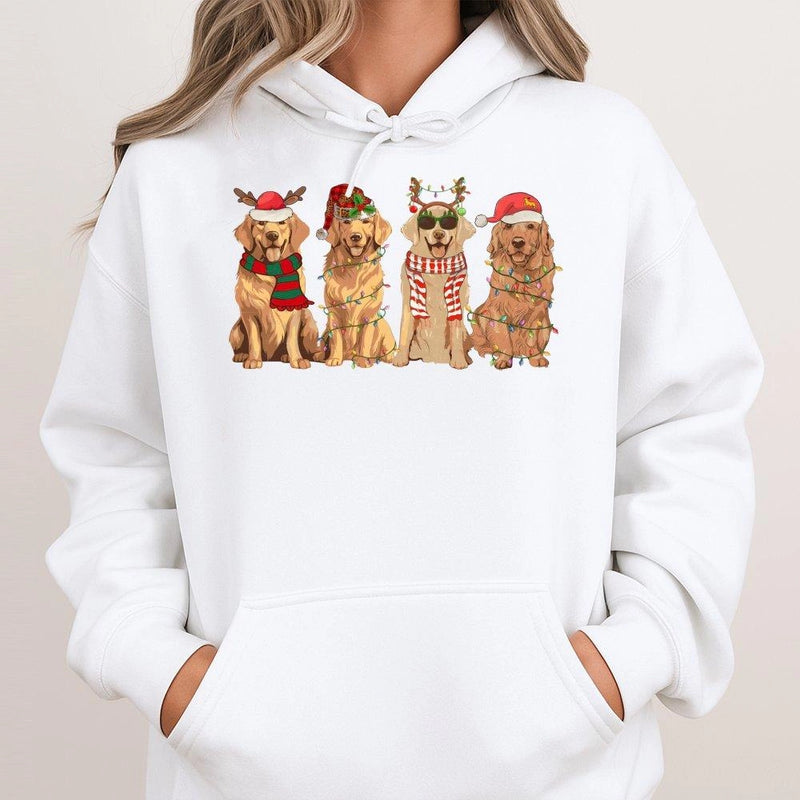 Festive Dog Lights Hoodie, Christmas Golden Retriever Hoodie, Holiday Dog Lover Hooded Sweatshirt, Adorable Xmas Golden Retriever Pullover