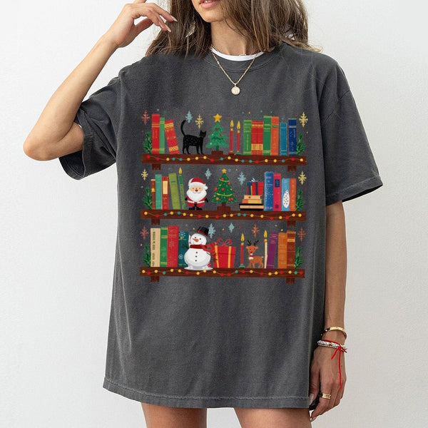 Festive Library Holiday Graphic Tee, Christmas Bookshelf T-Shirt, Comfy Book Lover Xmas Shirt, Bookish Winter Tree Reader Lib
