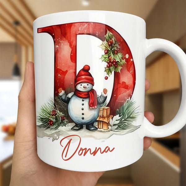 Personalized Initial D Winter Scene Coffee Cup, Christmas Snowman Monogram Mug, Festive Holiday Tea Mug, Ceramic Xmas Present