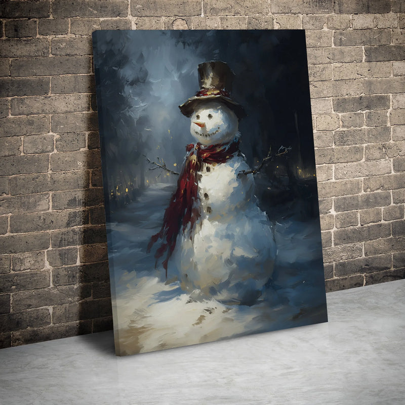 Whimsical Holiday Canvas Print, Adorable Snowman Winter Canvas Wall Art, Snowy Landscape Canvas Wall Decor, Christmas Scene Wall Art, Xmas Present