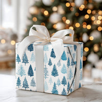 Winter Forest Holiday Gift Wrap, Blue Pine Tree Christmas Wrapping Paper, Botanical Evergreen Wrapping Paper Roll, Rustic Present Decor