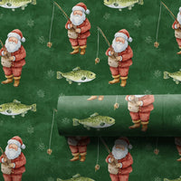Angler Christmas Gift Wrap, Trout Fishing Santa Wrapping Paper, Dark Green Outdoors Wrapping Paper, Fisherman Holiday Gift Wrap Roll
