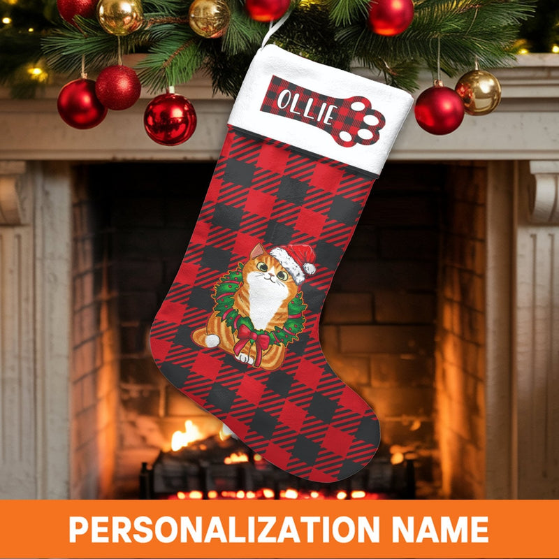 Red Buffalo Plaid Holiday Stocking, Cat Christmas Stocking, Personalized Cat Xmas Stocking, Pet Lover Christmas Decor, Holiday Mantle Present