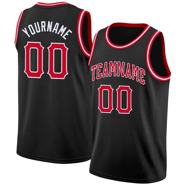 Custom Basketball Jersey - Black Red-White Round Neck Rib-Knit