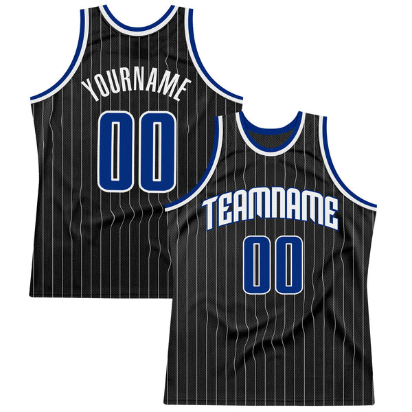 Custom Basketball Jersey - Black White Pinstripe Royal-White Authentic