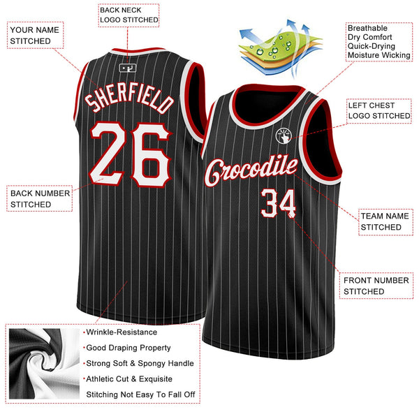 Custom Basketball Jersey - Black White Pinstripe White-Red Authentic