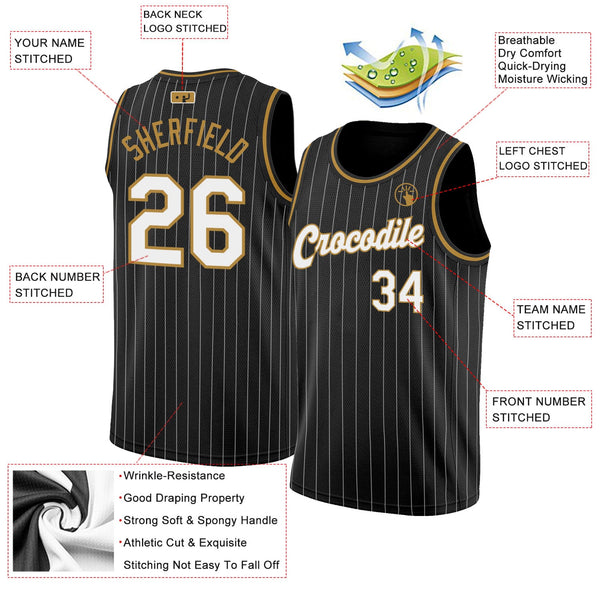 Custom Basketball Jersey - Black White Pinstripe White-Old Gold Authentic