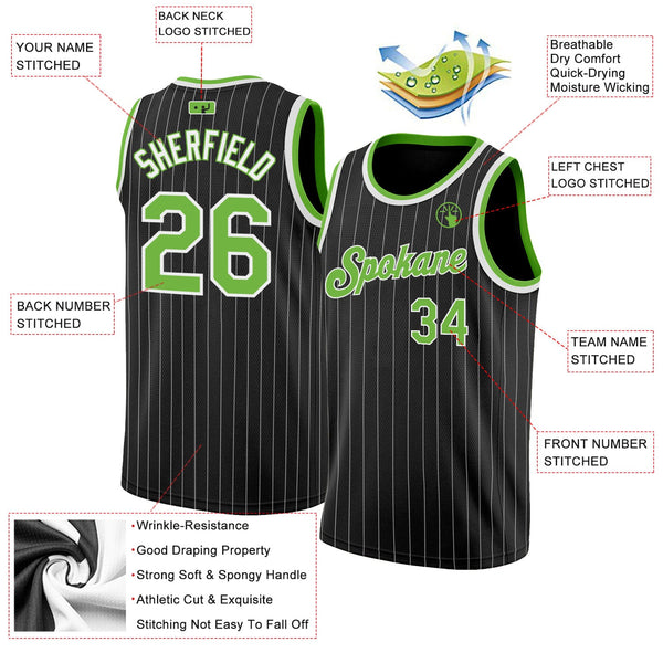 Custom Basketball Jersey - Black White Pinstripe Neon Green-White Authentic