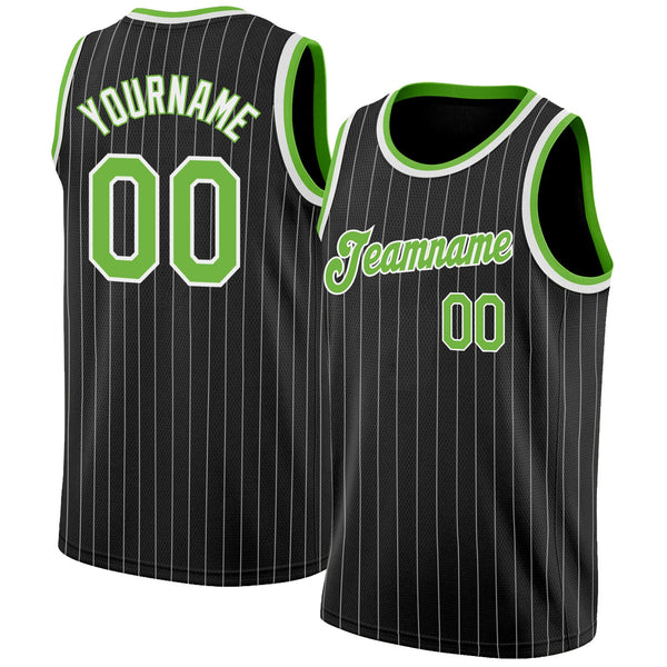 Custom Basketball Jersey - Black White Pinstripe Neon Green-White Authentic