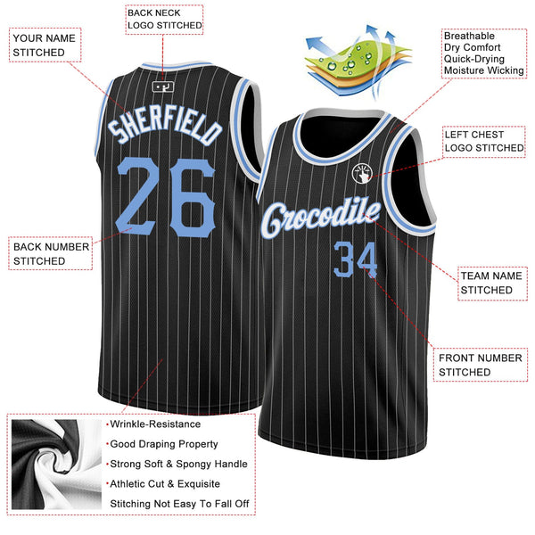 Custom Basketball Jersey - Black White Pinstripe Light Blue-White Authentic