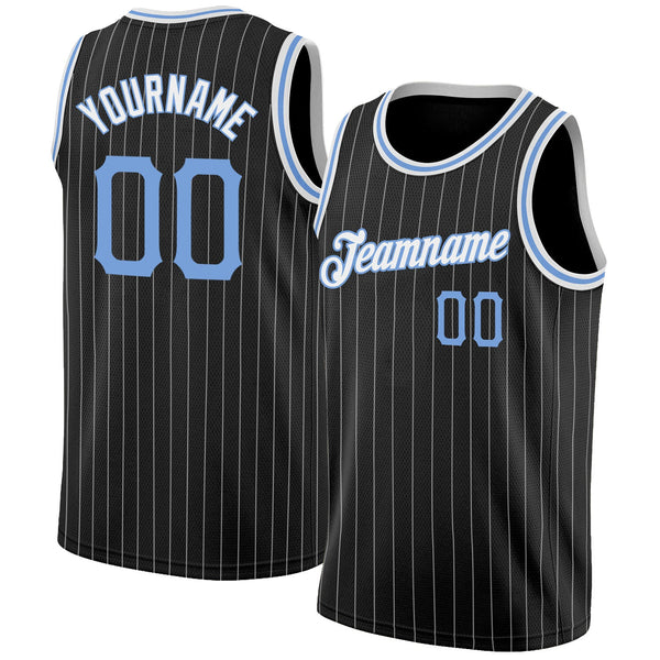 Custom Basketball Jersey - Black White Pinstripe Light Blue-White Authentic