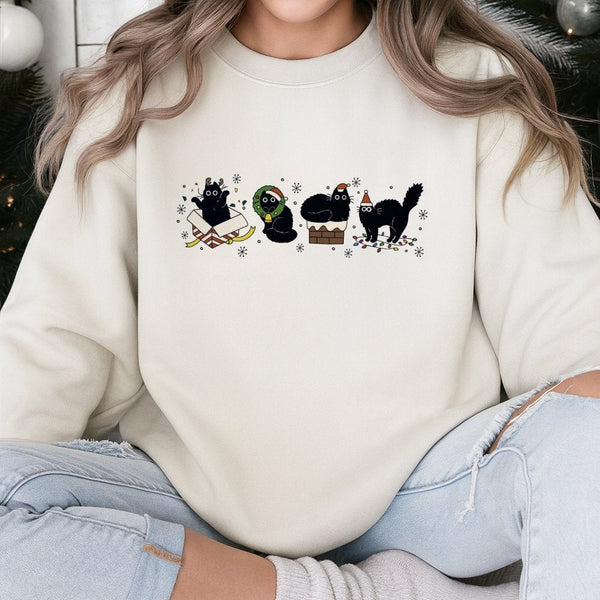 Adorable Festive Kitten Holiday Crewneck, Christmas Black Cat Sweatshirt, Black Cat Christmas Sweater, Comfy Holiday Cat Love