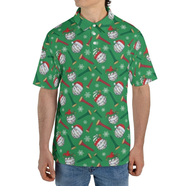Humorous Christmas Golf Polo, Santa Hat Golf Ball Polo Shirt, Holiday Party Patterned Shirt, Festive Golfer Short Sleeve Polo