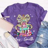 Bow Colored Pencils Snowflake Shirt, Personalized Christmas T-Shirt, Custom Holiday School Graphic Tee, Teacher Present Top