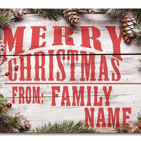 Custom Rustic Holiday Tin Sign, Merry Christmas from Family Personalized Metal Sign, Personalized Xmas Wall Sign, Winter Home