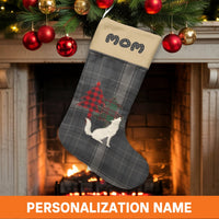 Grey Plaid Holiday Stocking, Personalized Cat Christmas Stocking, Custom Patchwork Pet Xmas Stocking, Comfy Fireplace Decor, Present for Mom