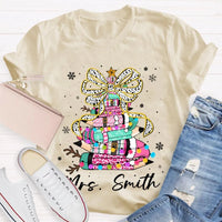 Bow Colored Pencils Snowflake Shirt, Personalized Christmas T-Shirt, Custom Holiday School Graphic Tee, Teacher Present Top