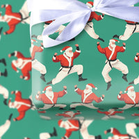 Teal Martial Arts Christmas Gift Wrap, Karate Santa Wrapping Paper, Black Belt Santa Wrapping Paper, Humorous Holiday Karate Fighter Gift Wrap