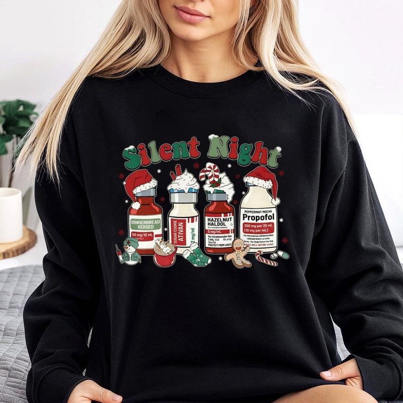 Humorous Medical Vials Holiday Crewneck, Silent Night Christmas Sweatshirt, RN ICU Doctor Nurse Xmas Pullover, Medical Sweater